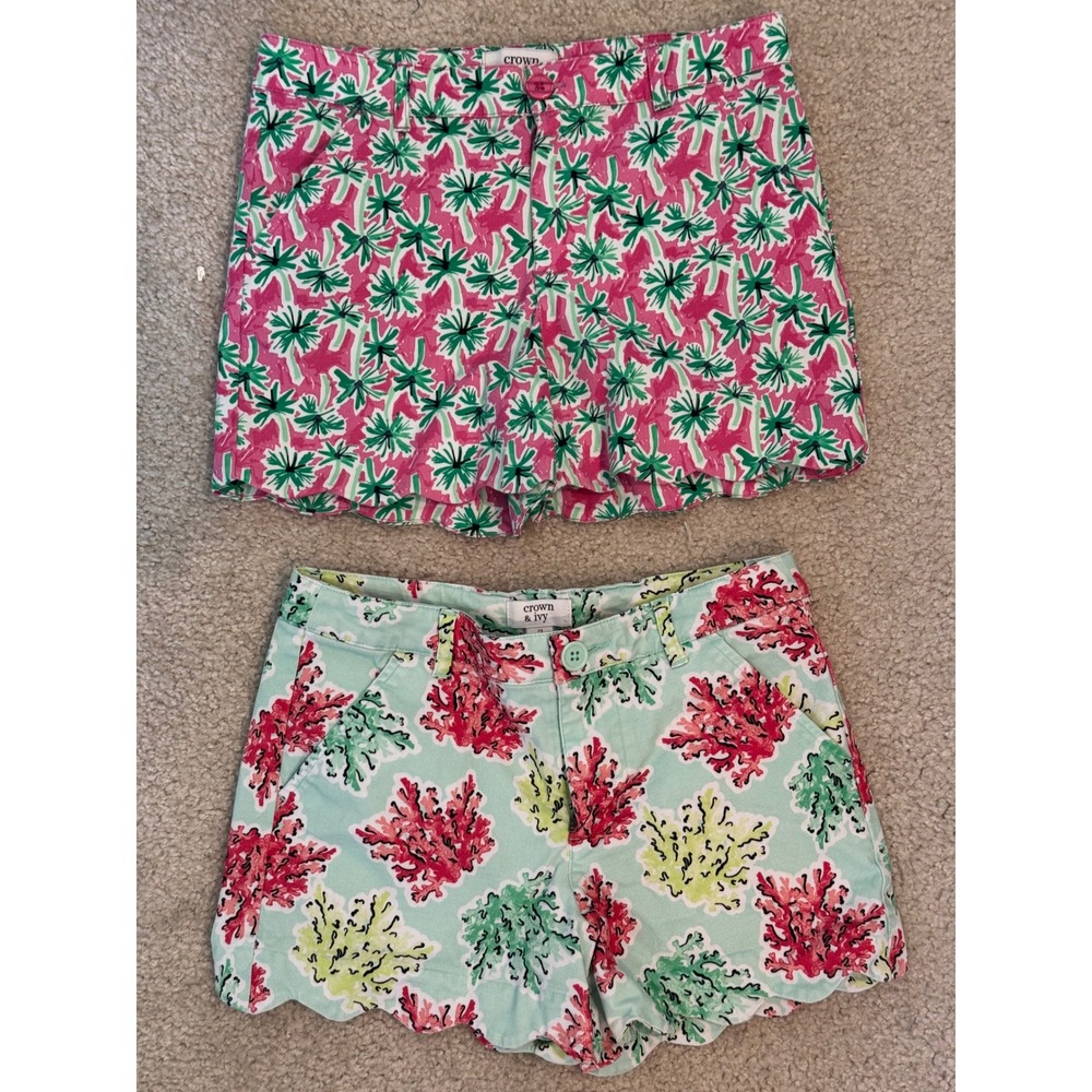 Crown & Ivy Girls Scalloped Shorts Bundle Size 12 Palm Leaf Coral 2-Pack Pink